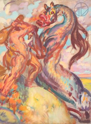 an oil painting of a woman on a horse in a field