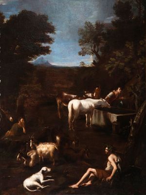 une image représentant un tableau où figurent des personnes et des animaux dans un environnement boisé