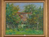 une peinture représentant une peinture d'une maison dans les bois