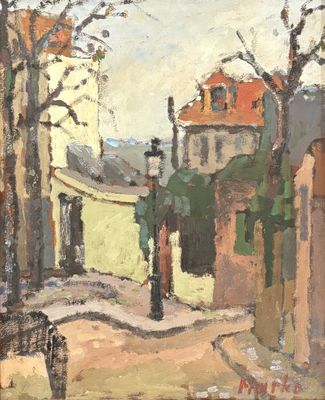 an oil painting of a street scene with buildings and trees