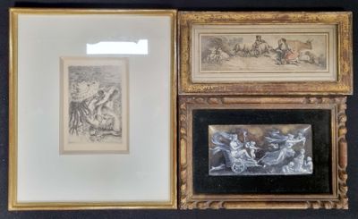 three framed pictures of a man riding a horse and a woman riding a horse
