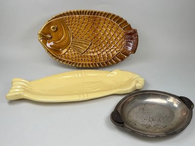 three pieces of pottery including a fish, a bowl, and a spoon