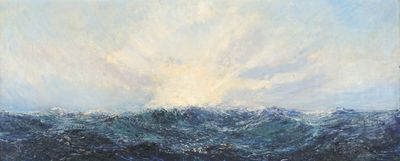 une peinture à l'huile représentant une vaste étendue d'eau avec le soleil en arrière-plan