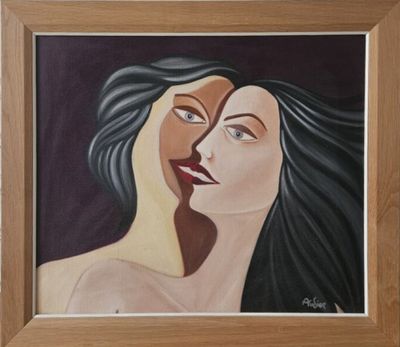 tableau représentant une femme aux longs cheveux noirs et aux lèvres rouges
