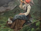 an image of a painting of a woman sitting in the grass