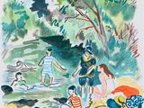 un dessin représentant un groupe de personnes jouant dans l'eau