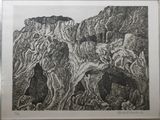 drawing of a black and white picture of a bear in a rocky area