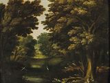 une image représentant un tableau où l'on voit une rivière, des arbres et des oiseaux