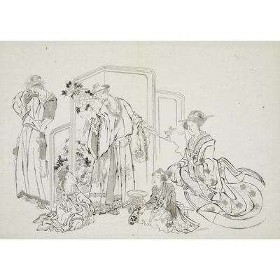 a black and white drawing of two women in kimono robes