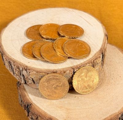 a pile of coins sitting on top of a tree stump