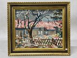 une image représentant un tableau d'une maison avec une clôture et un arbre