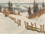 tableau représentant un paysage enneigé avec une clôture au premier plan et des pins au loin