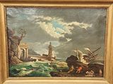 tableau représentant un bateau sur un plan d'eau, avec un phare en arrière-plan