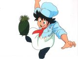 anime character holding a knife and a pot with a plant in it