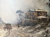 a painting of a horse drawn carriage on a snowy road