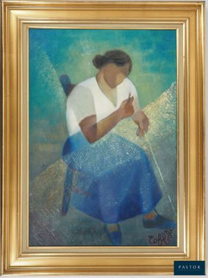 an oil painting of a woman sitting in a chair with her hands clasped