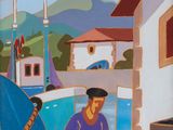 un tableau représentant un homme assis par terre à côté d'un bateau
