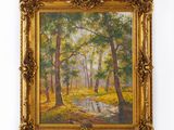 a painting of a forest scene with a stream in the foreground