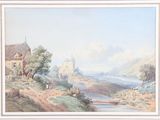 painting of a landscape with a castle in the distance and a river in the foreground