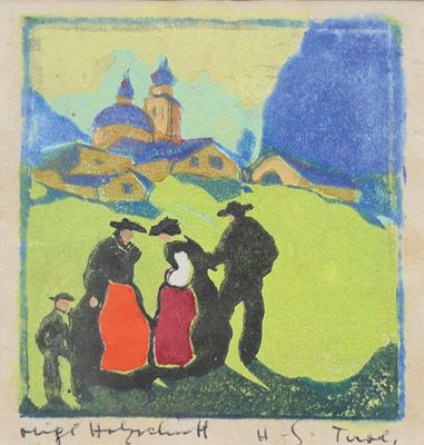 une image représentant un tableau où l'on voit trois personnes et un chien dans un champ