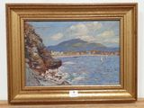 a painting of a view of a beach with a sailboat in the water
