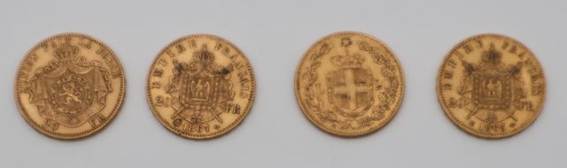 Quatre pièces de monnaie en or à valeur faciale de vingt Francs :...