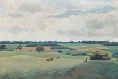 un tableau représentant des vaches paissant dans un champ par temps nuageux