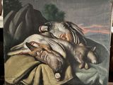 un tableau représentant un chien et un canard allongés sur une couverture