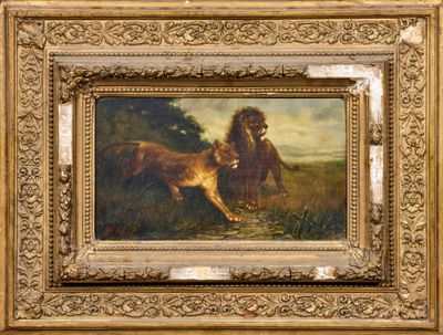 une peinture à l'huile représentant un chien poursuivant un chat dans un champ