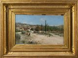 an image of a painting of a desert scene with a house in the distance