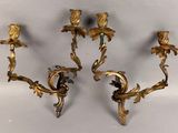 paire d'appliques murales anciennes en laiton avec oiseaux et fleurs