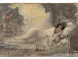 an image of a painting of a woman laying on a bed with an angel in the background