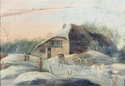 painting of a house in a snowy landscape with a horse drawn carriage