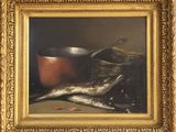 une peinture à l'huile représentant un poisson et un pot posés sur une table