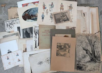 une pile de vieux livres par terre, avec des images