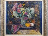 an oil painting of a vase of flowers and fruit on a table