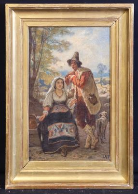 a painting of a man and a woman sitting on a bench with sheep in the background
