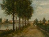 un tableau représentant un homme dans un bateau sur l'eau