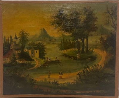 un vieux tableau représentant un paysage avec des personnages et des chevaux au premier plan