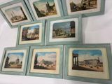 several framed pictures of buildings and a clock on a wall