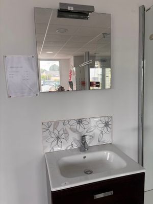 une salle de bains équipée d'un lavabo, d'un miroir et d'une douche