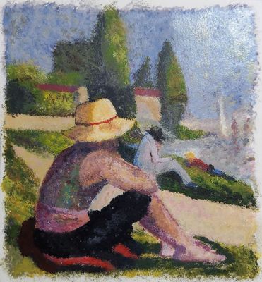 an oil painting of a woman sitting on the grass with a hat on