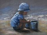 un tableau représentant un enfant jouant avec un seau sur la plage