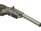 a gun with a wooden handle on a white background