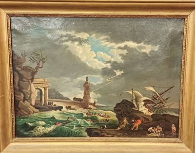 tableau représentant un bateau sur un plan d'eau, avec un phare en arrière-plan