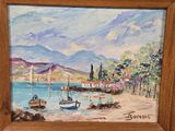 a picture of a painting of boats on the water