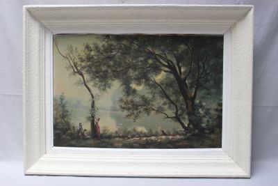 une photo d'un tableau représentant un homme et un chien dans un environnement boisé
