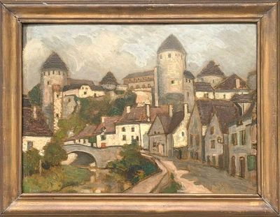 une peinture à l'huile représentant une ville avec un pont enjambant une rivière