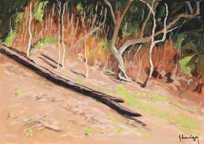 un tableau représentant un arbre tombé au milieu d'une forêt
