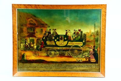 painting of a horse drawn carriage with people on it in front of a building